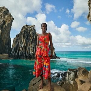 FARM Rio Ipanema Red Ruffle Tropical Print Vibrant Midi Dress Size Small